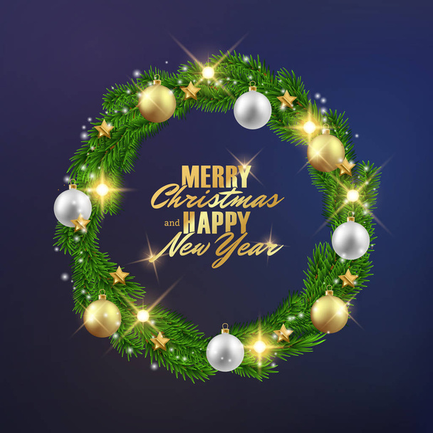 Merry Christmas fir tree branches decorative wreath with shiny balls. - Vector, Image