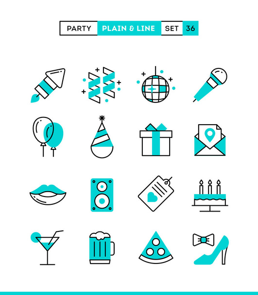 Party, celebration, fireworks, confetti and more. Plain and line icons set, flat design, vector illustration - Vector, Image