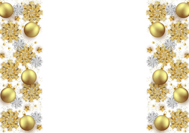 Feliz Navidad Año Nuevo fondo de diseño, bolas decorativas y marco de copos de nieve brillo
. - Vector, imagen