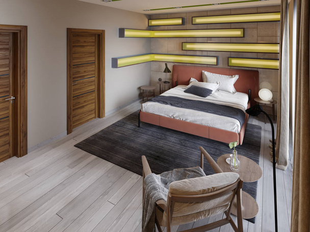 Modern multi-színes hálószoba polcok a falra, zöld világítás mellett a matt üveg, a bőr vörös éjjeliszekrény, ágy. 3D-leképezés - Fotó, kép