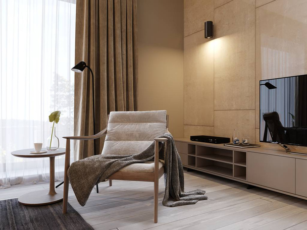 Ontwerper zachte fauteuil met houten poten en een gebreide dekens geworpen over, in de buurt van de Tv-eenheid in een moderne slaapkamer. 3D-rendering. - Foto, afbeelding
