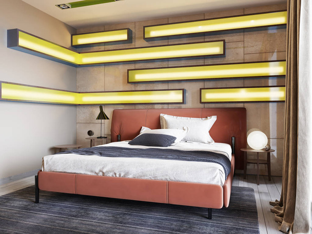 Μοντέρνο δερμάτινο κρεβάτι με κομοδίνα με λαμπτήρες στο σύγχρονο υπνοδωμάτιο. Φωτίζεται ράφια, γυαλιστερό πάνελ πλαγιοκάλυψης, δερμάτινο Κεφαλάρι. 3D rendering - Φωτογραφία, εικόνα