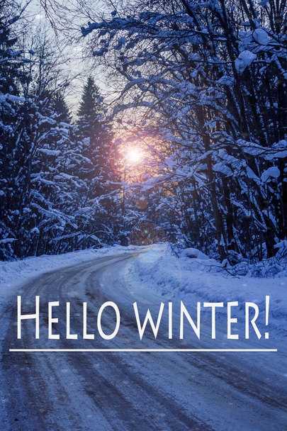 Hola pancarta de invierno. El inicio de la nueva temporada. Imagen de bienvenida
 - Foto, imagen