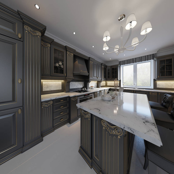 Kitchen island details and bar chairs. 3d rendering - Photo, Image