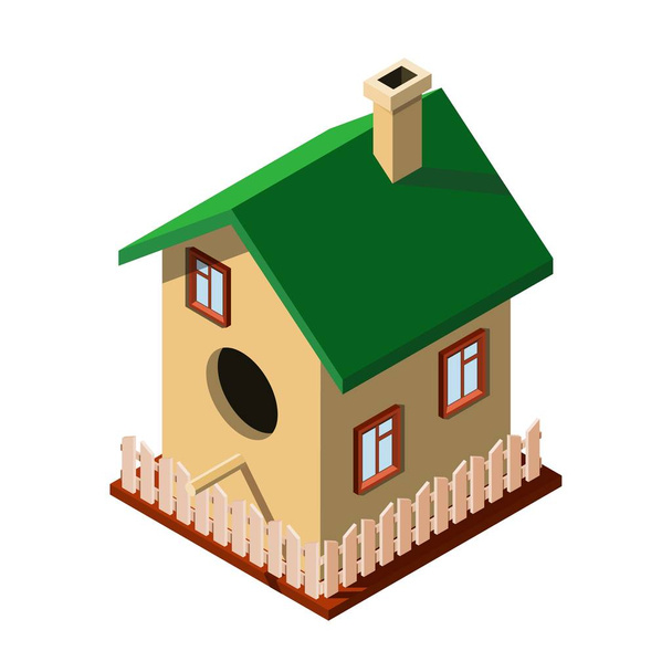 Bonita pajarera con elementos de la casa sobre un fondo blanco. Casa de pájaros con ventanas, valla, chimenea y techo. Ilustración vectorial
 - Vector, imagen
