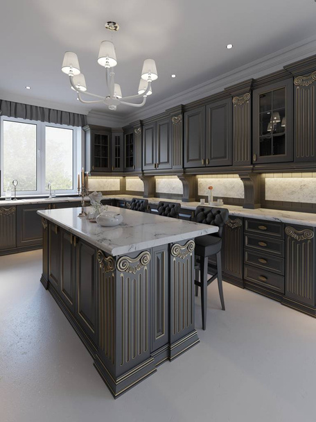 mooie keuken in luxehuis eiland, hanger verlichting, kasten en zelf herverdeling vloeren. marmeren backsplash, elegante functies. 3D-rendering - Foto, afbeelding