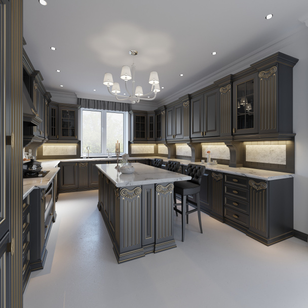 Κλασική κουζίνα, σύγχρονο μινιμαλιστικό εσωτερικό design με ξύλινες λεπτομέρειες, 3d rendering - Φωτογραφία, εικόνα
