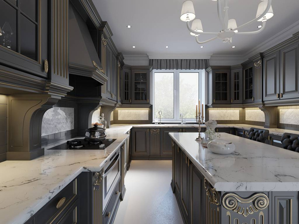 moderne Küche im klassischen englischen Stil mit dunklen Möbeln, düsteren Fassaden und Marmorarbeitsplatte. 3D-Darstellung - Foto, Bild