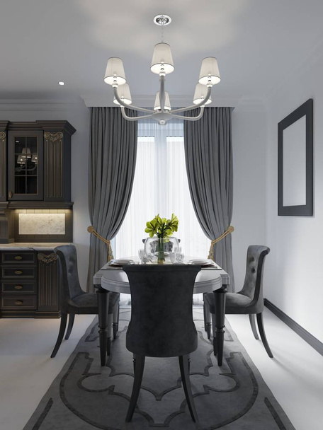 Luxe zwarte eetkamer met donkere meubels, witte marmeren vloer en dag licht, 3D-rendering - Foto, afbeelding
