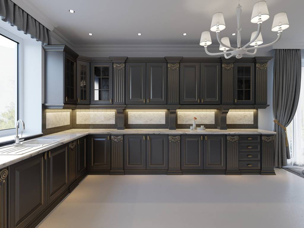 Moderni Englanti Classic Style keittiö sisustus tumma huonekalut, synkät julkisivut ja marmori työtaso. 3d-renderointi
 - Valokuva, kuva
