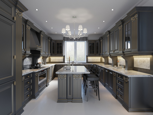 Σύγχρονη αγγλική κλασικό στυλ κουζίνα Σχεδιασμός εσωτερικών με σκούρα έπιπλα, ζοφερή προσόψεις και μαρμάρινο πάγκο. 3D rendering - Φωτογραφία, εικόνα