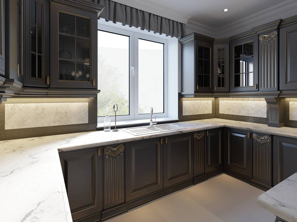 Klasik tarzı modern koyu ahşap mutfak. 3D render - Fotoğraf, Görsel