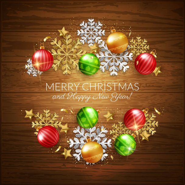 Feliz Navidad y Feliz Año Nuevo postal decorativa, bolas y copos de nieve sobre fondo de madera
 - Vector, Imagen