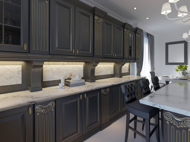 Πολυτελές εσωτερικό εκλεκτής ποιότητας κουζίνα με τραπεζαρία. 3D rendering. - Φωτογραφία, εικόνα