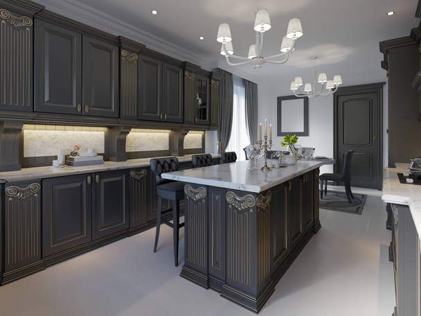 Σχεδιασμός σύγχρονη κλασική κουζίνα με μαύρα ντουλάπια και λευκό μαρμάρινο πάγκο και πατωμάτων. 3D rendering. - Φωτογραφία, εικόνα