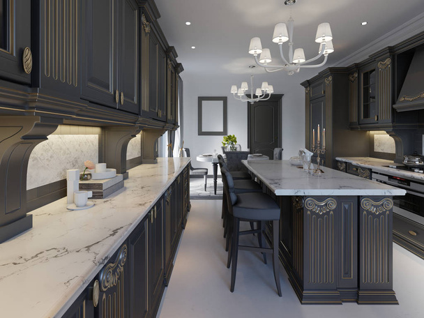 Siyah dolapları ve beyaz mermer tezgah ve zemin ile modern klasik mutfak tasarımı. 3D render. - Fotoğraf, Görsel