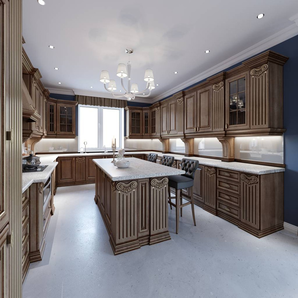 Classic kitchen. Interior design ideas. Oak wood texture. 3d rendering - Photo, Image
