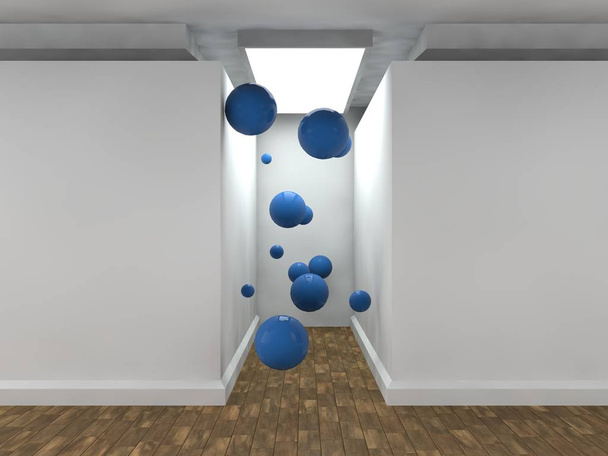 kuva tyhjästä käytävästä, jota valaisee suorakulmainen valo, jossa on valkoiset seinät ja paljon lentäviä palloja sininen. tyylitelty kuva valkoisella taustalla. 3D-renderointi
 - Valokuva, kuva
