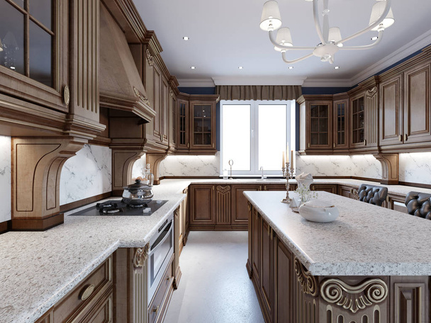 Πολυτελή κουζίνα με δάπεδο πλακάκι, βάφονται ντουλάπια και μαρμάρινο πάγκο. 3D rendering - Φωτογραφία, εικόνα