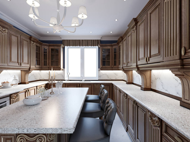 Ylellinen keittiö laatta lattia, värjätään kaapit ja marmori counter top. 3d-renderointi
 - Valokuva, kuva