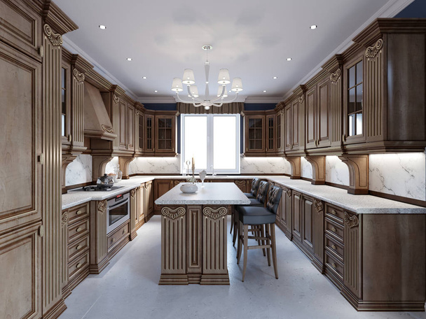 Luksusowa kuchnia z posadzek, barwione szafy i marmurowym blatem. renderowania 3D - Zdjęcie, obraz