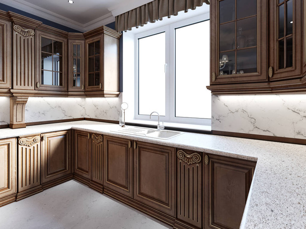 Klassinen keittiö ylellisessä kodissa, jossa on tammipuinen kaappi. 3d-renderointi
 - Valokuva, kuva
