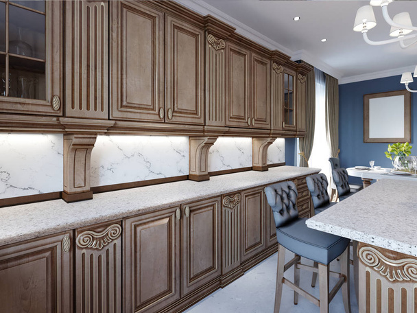 Κλασική κουζίνα σε πολυτελές σπίτι με δρύινα ξύλινα έπιπλα. 3D rendering - Φωτογραφία, εικόνα