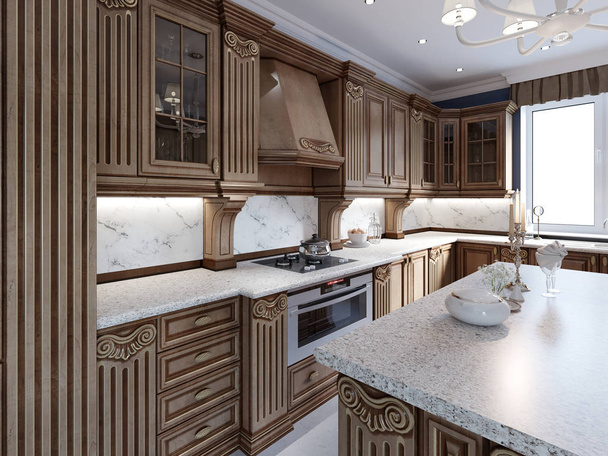 Κλασική κουζίνα σε πολυτελές σπίτι με δρύινα ξύλινα έπιπλα. 3D rendering - Φωτογραφία, εικόνα