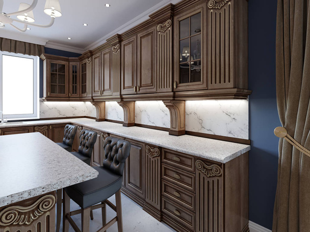 Keuken in luxe huis met houten kasten. 3D-rendering - Foto, afbeelding