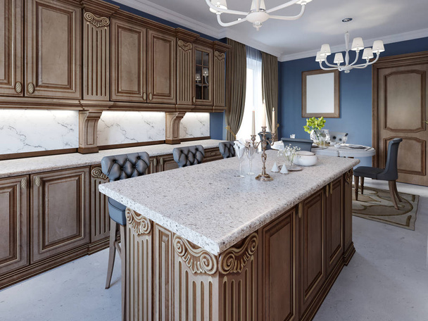 Kitchen with granite island and cherry wood cabinetry. 3d rebdering - Photo, Image