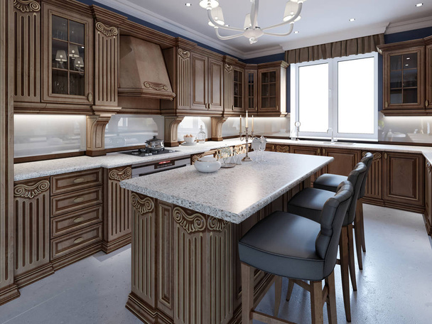 Kitchen with granite island and cherry wood cabinetry. 3d rebdering - Photo, Image