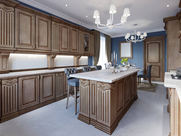 Keuken in luxe huis met houten kasten. 3D-rendering - Foto, afbeelding