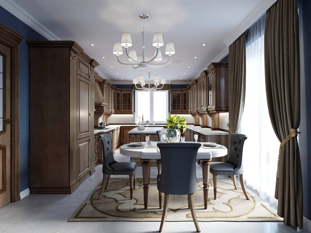 Küche und Esszimmer in Luxus-Haus mit Schränken aus Kirschholz. 3D-Darstellung - Foto, Bild