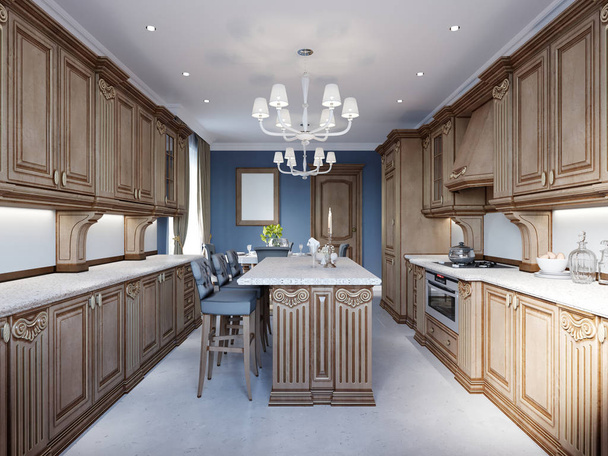 Kitchen and dining in luxury home with cherry wood cabinets. 3d rendering - Photo, Image