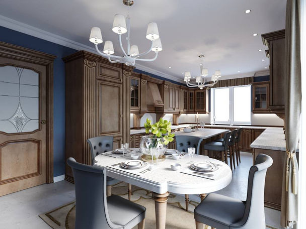 Küche und Esszimmer in Luxus-Haus mit Schränken aus Kirschholz. 3D-Darstellung - Foto, Bild