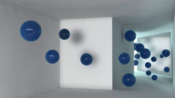 μια σχηματική αναπαράσταση ενός διαδρόμου των μικρών λευκών κύβων, με αιχμηρές γωνίες και που φέρουν μηδενικής βαρύτητας-ροή μπλε μπάλες, το φάσμα των γεωμετρικών θραύσματα. Άντληση. 3D rendering - Φωτογραφία, εικόνα