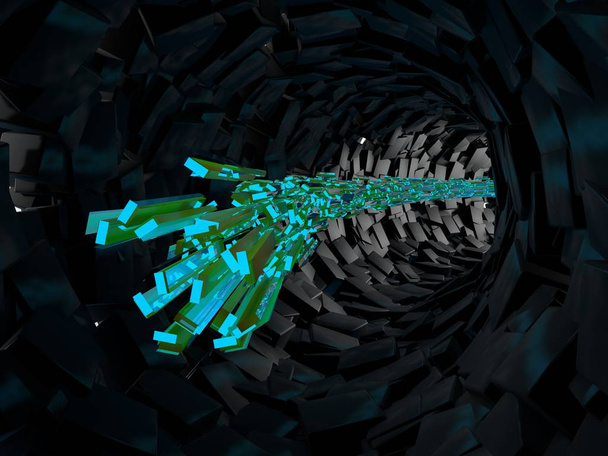 Obrázek futuristickém tunelu krychle jedné barvy a řadu létající raketa, zářící modré světlo. Myšlenka na dirigenta, abstraktní obraz. 3D vykreslování - Fotografie, Obrázek