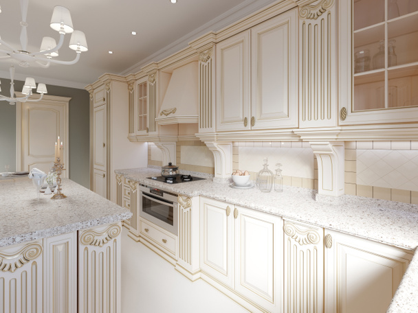 Cocina clásica de madera con detalles de madera, diseño interior de lujo beige, representación 3d
 - Foto, Imagen