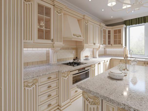 klassische Holzküche mit Holzdetails, beige luxuriöses Interieur, 3D-Rendering - Foto, Bild