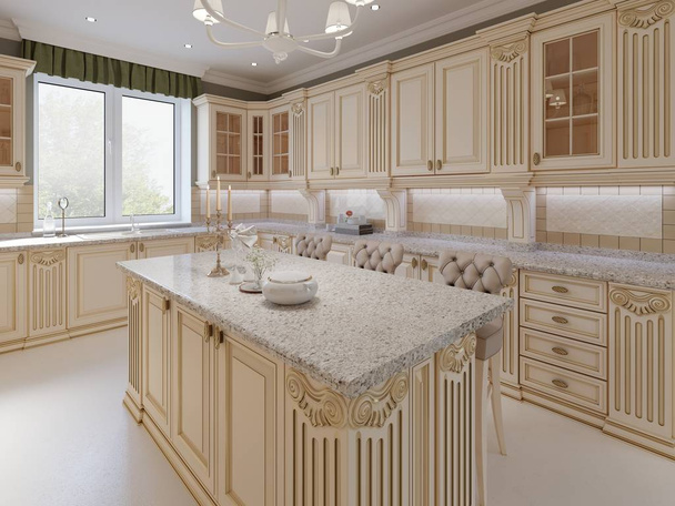 A fényűző, klasszikus stílusú konyha konyha-sziget. 3D-leképezés - Fotó, kép