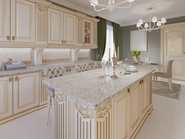 Kitchen island in a luxurious classic style kitchen. 3d rendering - Photo, Image