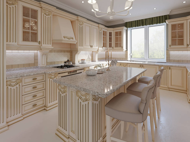 A fényűző, klasszikus stílusú konyha konyha-sziget. 3D-leképezés - Fotó, kép