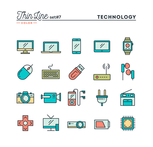 Tecnologia, dispositivi, gadget e altro ancora, set di icone a colori a linea sottile, illustrazione vettoriale
 - Vettoriali, immagini