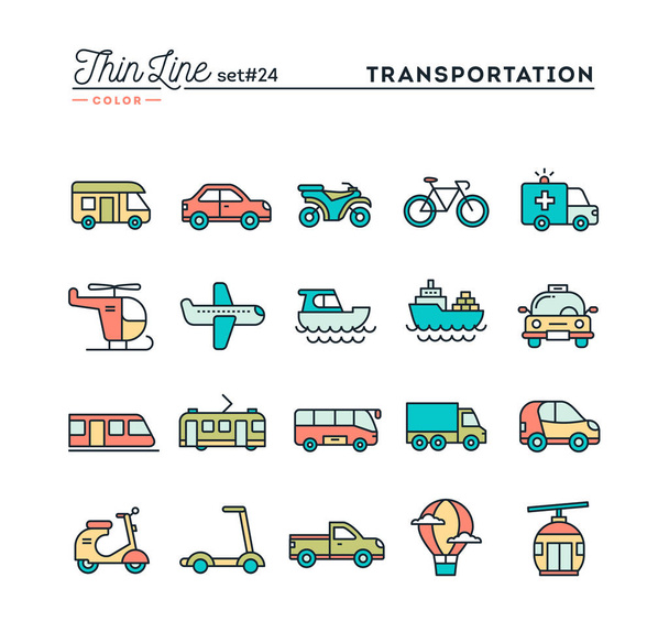 Transportation and vehicles, thin line color icons set - Vector, Image