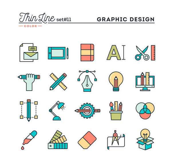 Графический дизайн, творческий пакет, стационарные, программное обеспечение и многое другое, тонкая линия иконки
 - Вектор,изображение
