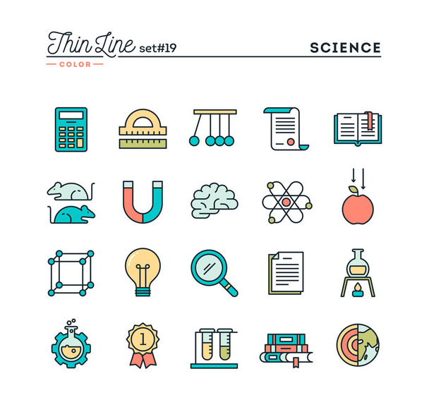 Science, experiments, laboratory, studies and more, thin line color icons set - Vector, Image