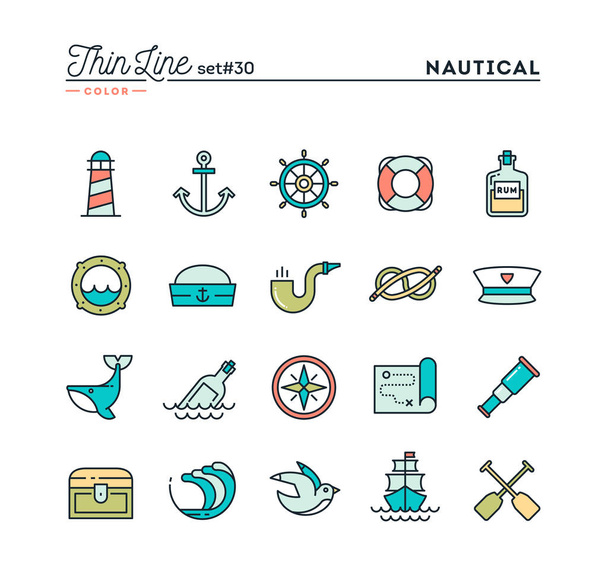 Nautica, vela, animali marini, marine e altro, set icone a colori a linea sottile, illustrazione vettoriale
 - Vettoriali, immagini