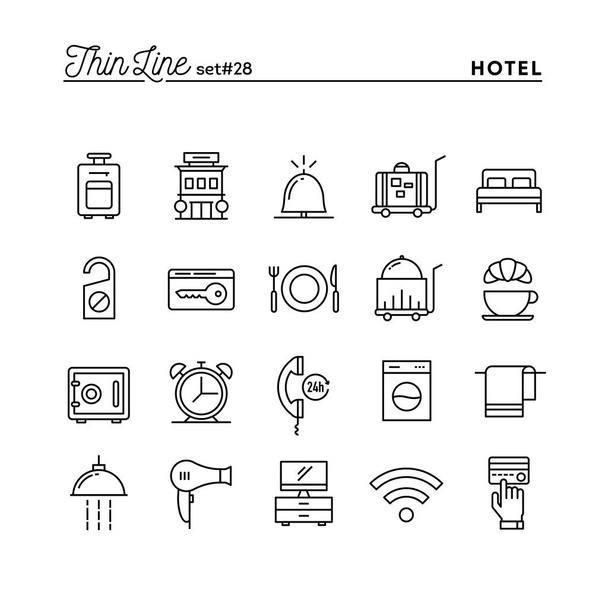 Hotel, alojamiento, servicio de habitaciones, restaurante y más, conjunto de iconos de línea delgada
 - Vector, Imagen
