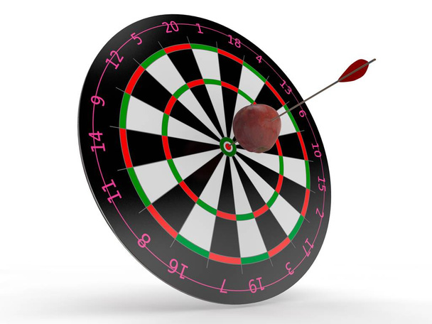 the image of the target for Darts and Apple in the center with the arrows hit the target. The image on a white background. 3D rendering. The idea of success and good luck. - Photo, Image