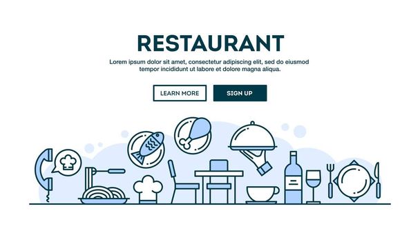 Restaurante, cabecera del concepto, diseño plano estilo de línea delgada
 - Vector, imagen